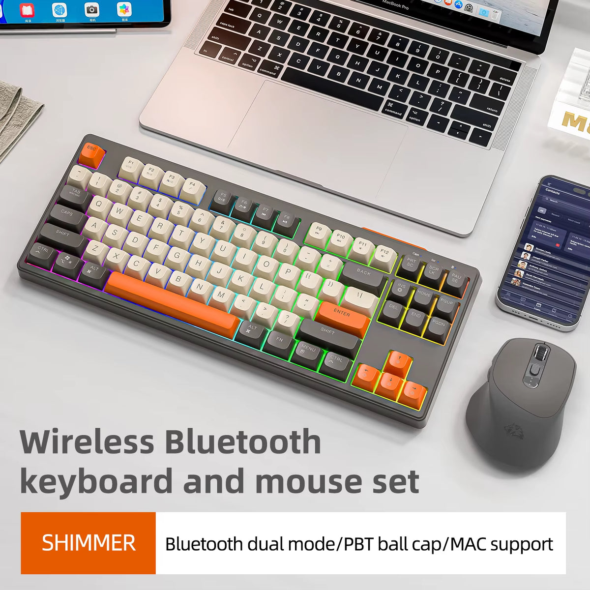 M87 Wireless Keyboard Gaming,87Keys Dual Mode Bluetooth Keyboard with Rainbow-Light RGB,PBT Ballcaps for Silent Office Gaming