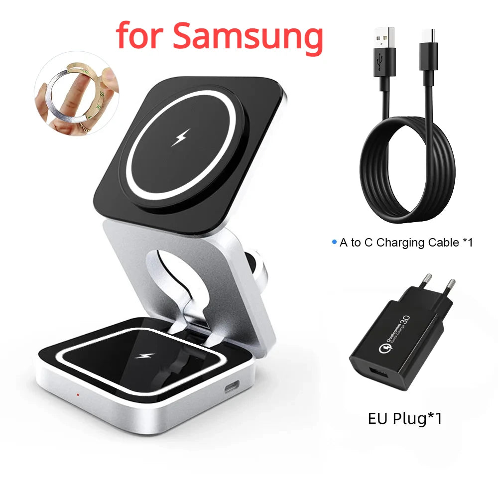 3-in-1 Foldable Magnetic Wireless Charger Dock for iPhone 15, 14, AirPods, Apple Watch, and Samsung Galaxy S23