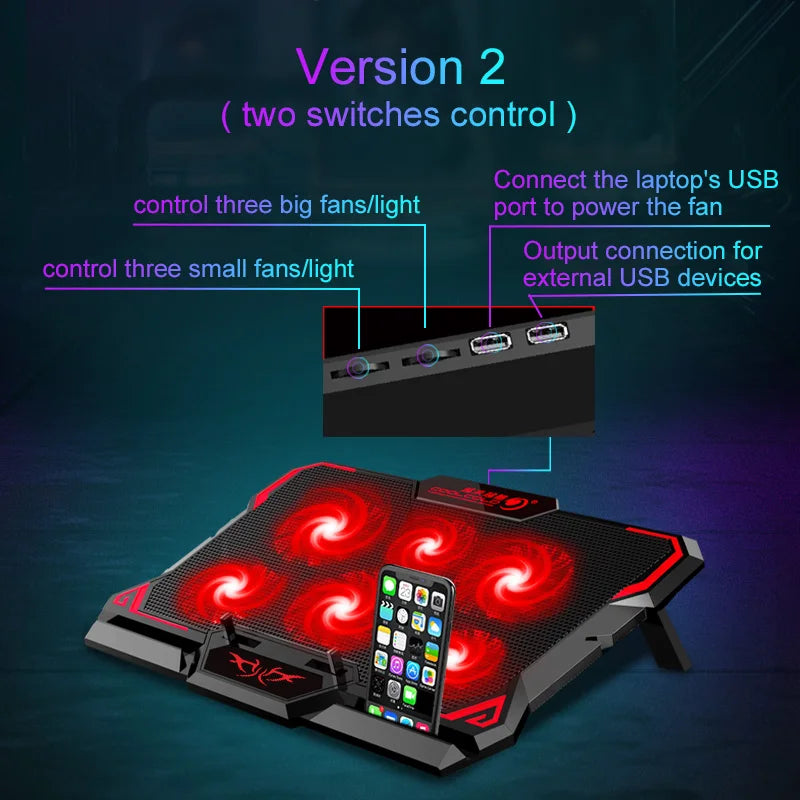 COOLCOLD 17Inch Gaming Laptop Cooler Six Fan Led Screen Two USB Port 2600RPM Laptop Cooling Pad Notebook Stand for Laptop