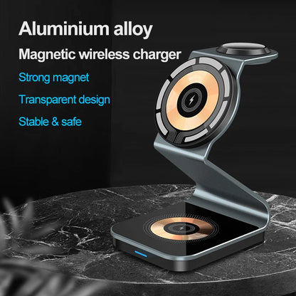 3-in-1 Magnetic Wireless Charger with Dual 15W Fast Charging for MagSafe, Apple Watch, and Compatible Devices Including Xiaomi 13 and iPhone 14 Pro Max