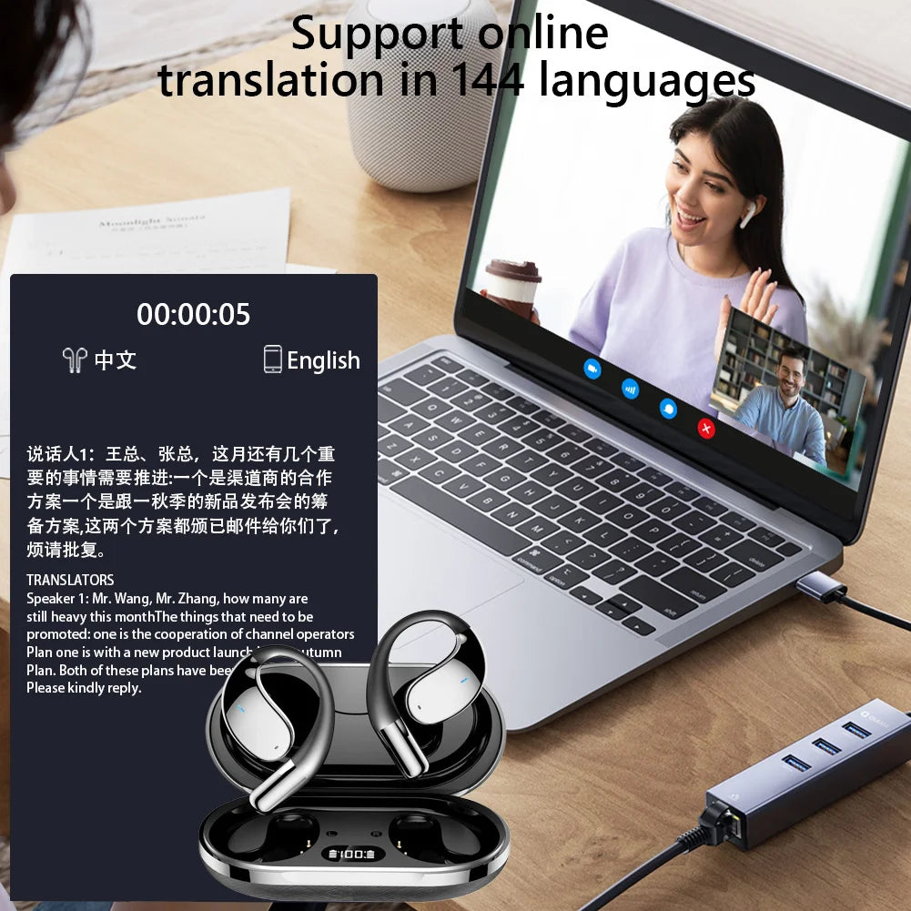 AI Smart Translation Headphones Sports Bluetooth Wireless Headset 144 Languages Real Time Translator Earbuds Free Lifetime APP