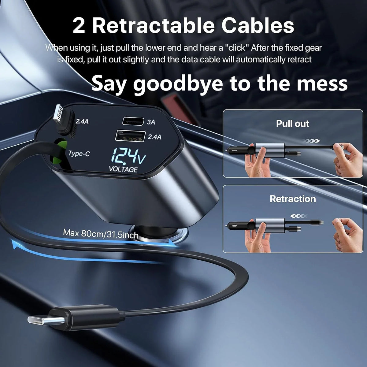 [Upgraded] Retractable Car Charger 4 in 1, with 2 Cables, Supports Super Fast Charging(Max 66W), 2 USB Ports Car Charger Adapter