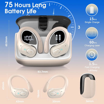 Sports Wireless Earbuds Bluetooth 5.4 TWS Wireless Headphones Waterproof Earhook Earphones with Deep Bass Noise Cancelling Mic
