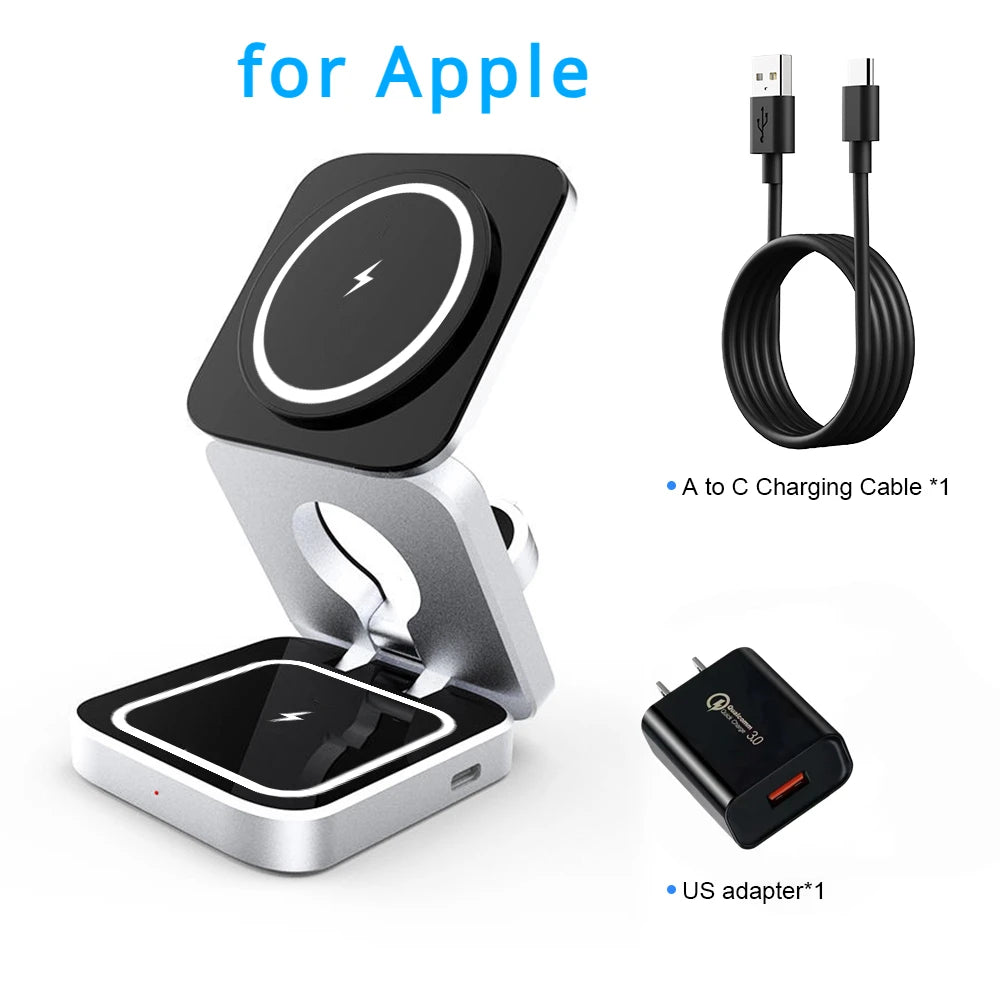 3-in-1 Foldable Magnetic Wireless Charger Dock for iPhone 15, 14, AirPods, Apple Watch, and Samsung Galaxy S23