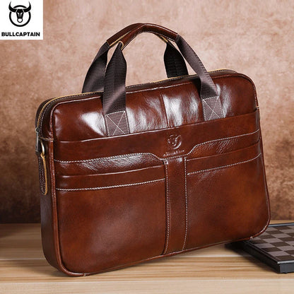BULLCAPTAIN Leather Laptop Bag, Top Layer Leather 15" Laptop Bag Men'S Laptop Briefcase Briefcase Work Business Travel Bag 053