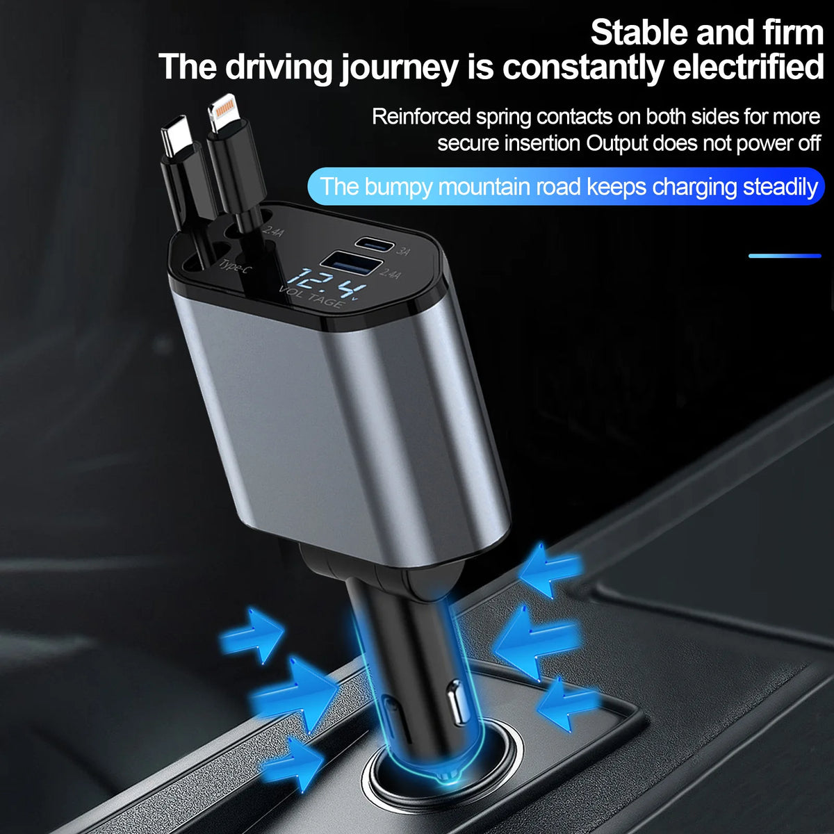[Upgraded] Retractable Car Charger 4 in 1, with 2 Cables, Supports Super Fast Charging(Max 66W), 2 USB Ports Car Charger Adapter