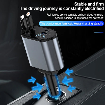 [Upgraded] Retractable Car Charger 4 in 1, with 2 Cables, Supports Super Fast Charging(Max 66W), 2 USB Ports Car Charger Adapter
