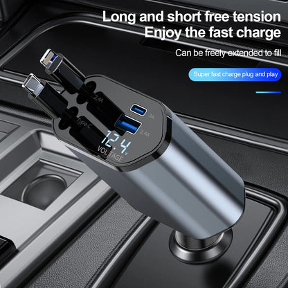 [Upgraded] Retractable Car Charger 4 in 1, with 2 Cables, Supports Super Fast Charging(Max 66W), 2 USB Ports Car Charger Adapter