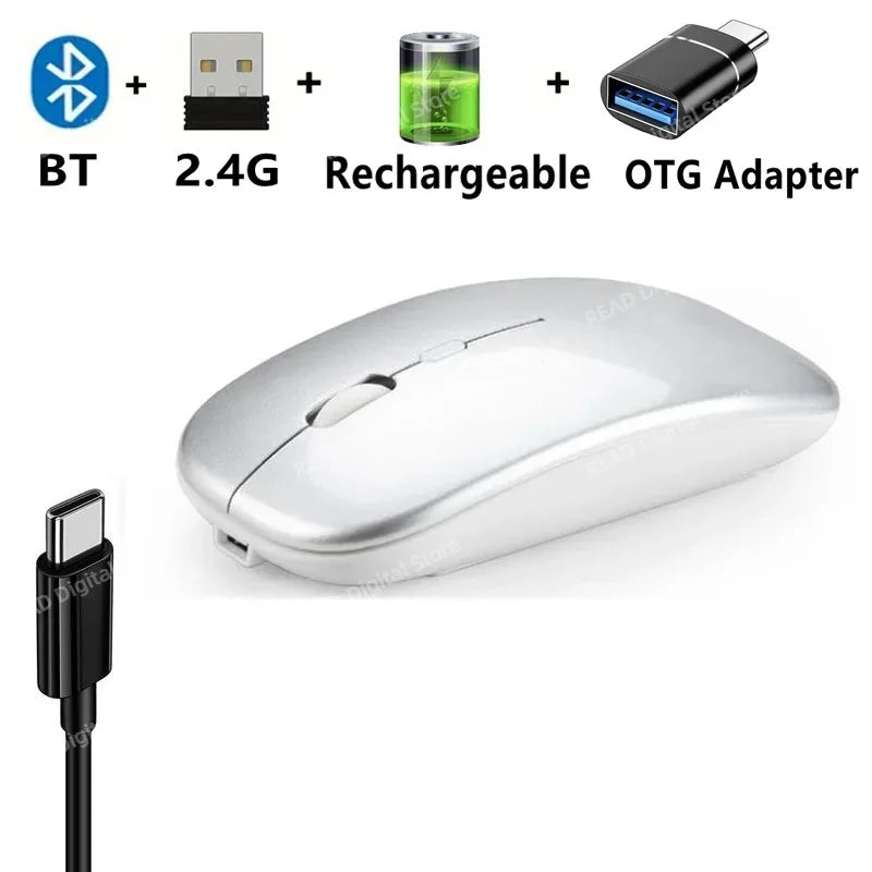 Bluetooth-Compatible 2.4G Computer Wireless Mouse Portable Rechargeable/Battery Dual Mode Cordless Mice for Ipad Laptop Desktop