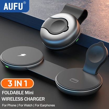 AUFU 3-in-1 Wireless Charging Station - Fast Magnetic Foldable Travel Charger for iPhone 16, 15, 14 Pro, Apple Watch, and AirPods