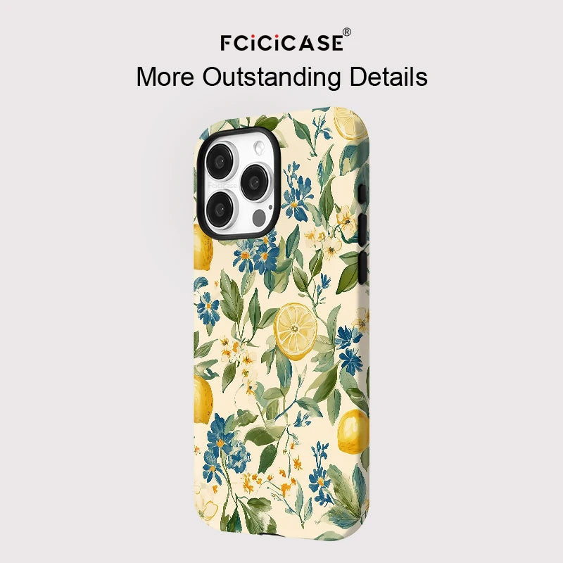Flower Leaves Lemon Case for Iphone 16Promax 15 14 13 12 11 PRO plus Acrylic TPU Two in One Magnetic Shockproof Phone Cases