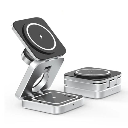 3-in-1 Foldable Magnetic Wireless Charger Dock for iPhone 15, 14, AirPods, Apple Watch, and Samsung Galaxy S23