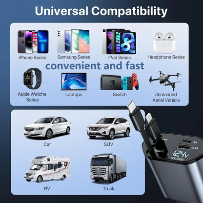 [Upgraded] Retractable Car Charger 4 in 1, with 2 Cables, Supports Super Fast Charging(Max 66W), 2 USB Ports Car Charger Adapter