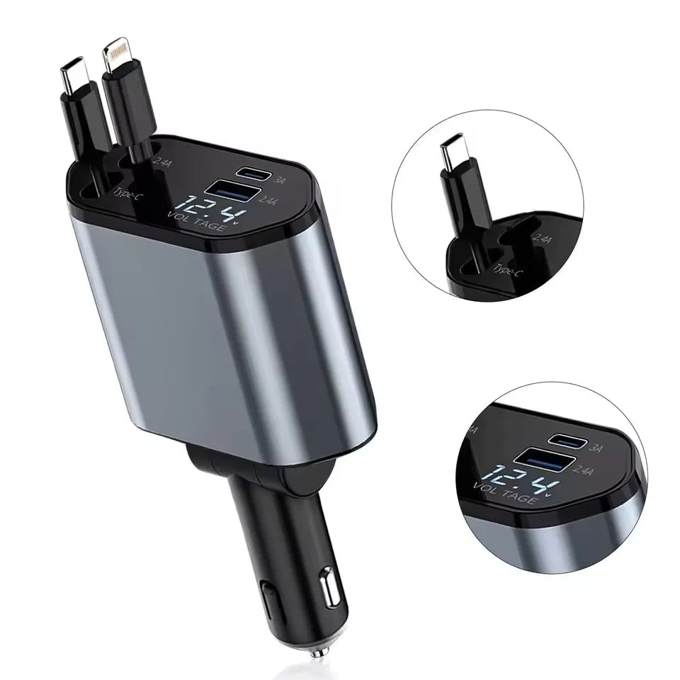 [Upgraded] Retractable Car Charger 4 in 1, with 2 Cables, Supports Super Fast Charging(Max 66W), 2 USB Ports Car Charger Adapter