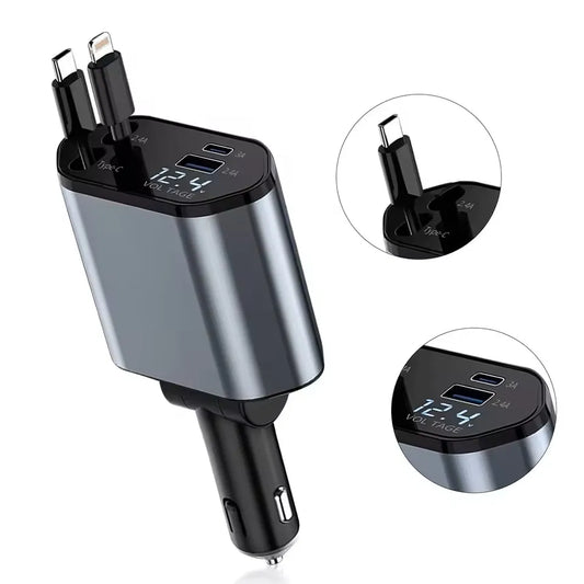 [Upgraded] Retractable Car Charger 4 in 1, with 2 Cables, Supports Super Fast Charging(Max 66W), 2 USB Ports Car Charger Adapter