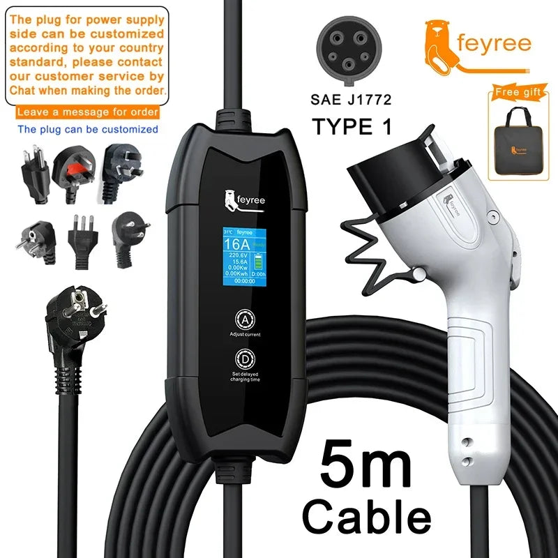 Feyree EV Charger Type2 16A 3.5Kw Portable Charging Box 5M Cable GBT Socket Type1 J1772 Adapter for Electric Vehicle Car Charger