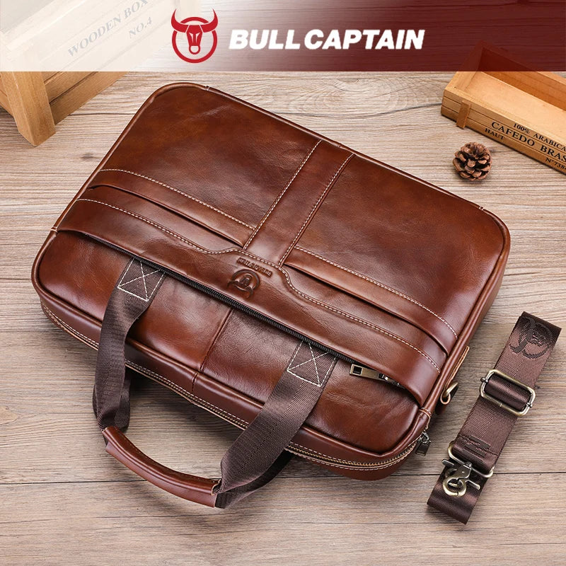 BULLCAPTAIN Leather Laptop Bag, Top Layer Leather 15" Laptop Bag Men'S Laptop Briefcase Briefcase Work Business Travel Bag 053