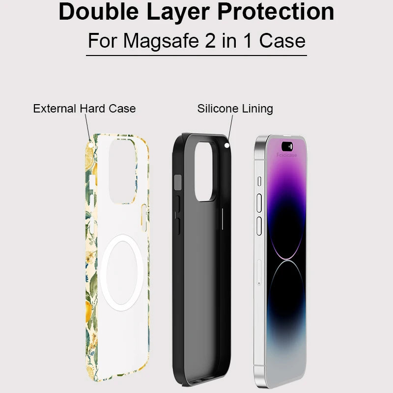 Flower Leaves Lemon Case for Iphone 16Promax 15 14 13 12 11 PRO plus Acrylic TPU Two in One Magnetic Shockproof Phone Cases