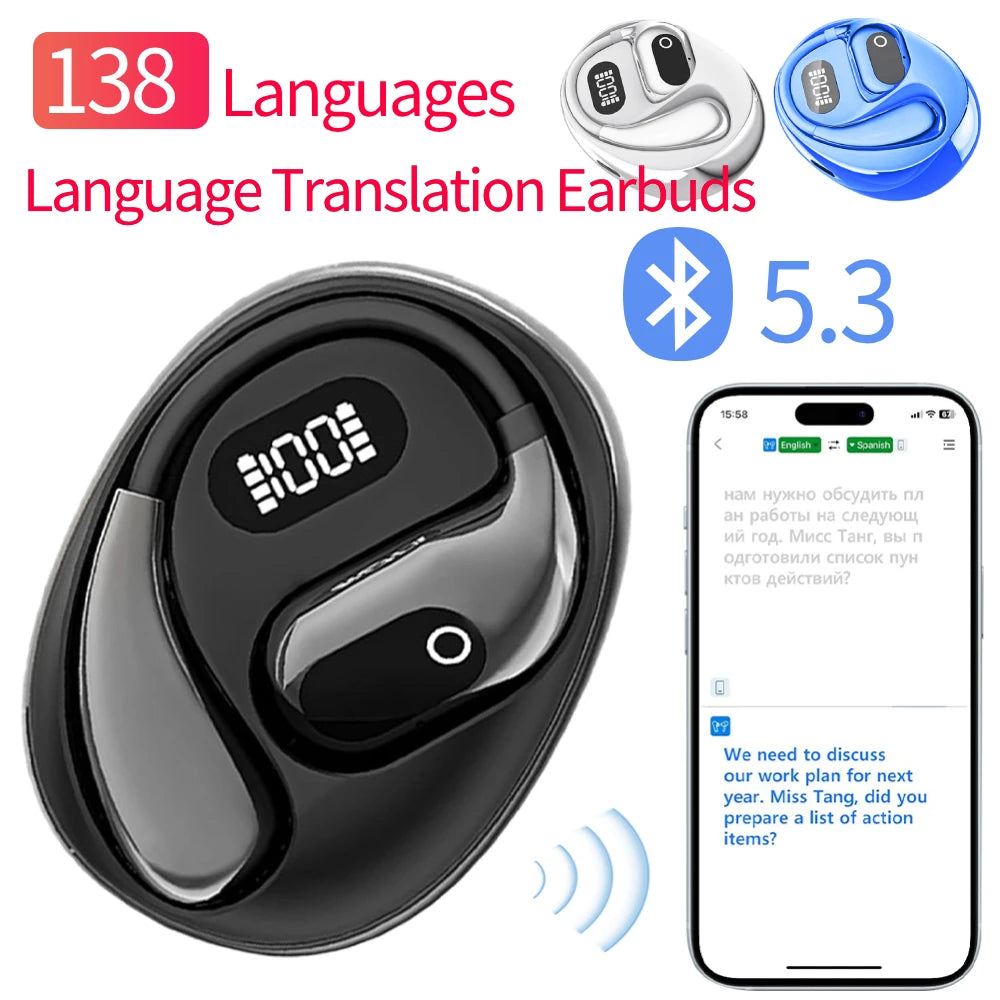 Language Translator Earbuds 138 Languages BT 5.3 Smart Voice Translator Open Air Traductor Real-Time Two-Way Ear Hanging Headset