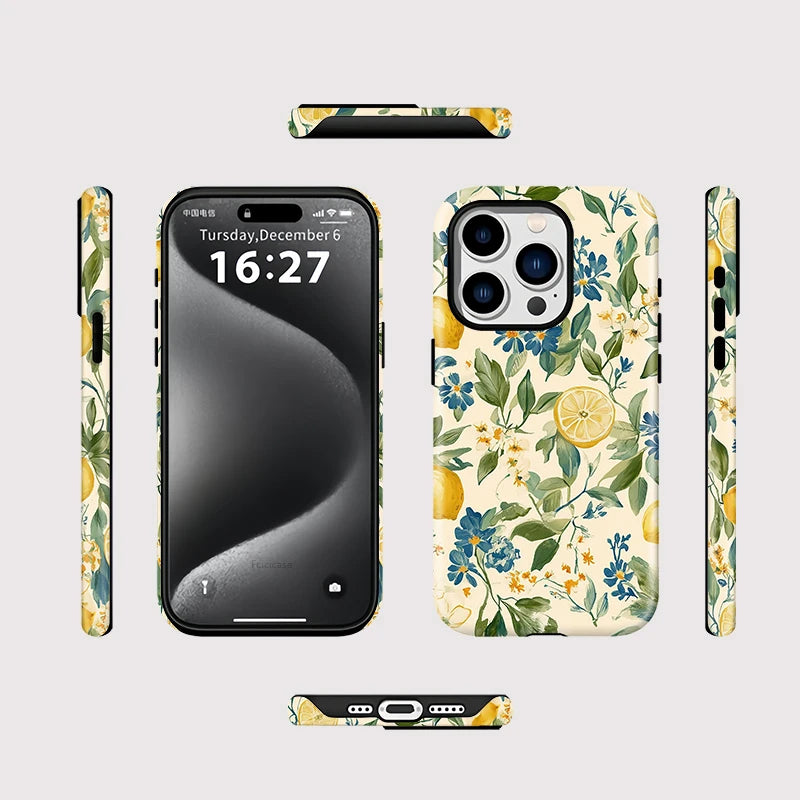 Flower Leaves Lemon Case for Iphone 16Promax 15 14 13 12 11 PRO plus Acrylic TPU Two in One Magnetic Shockproof Phone Cases