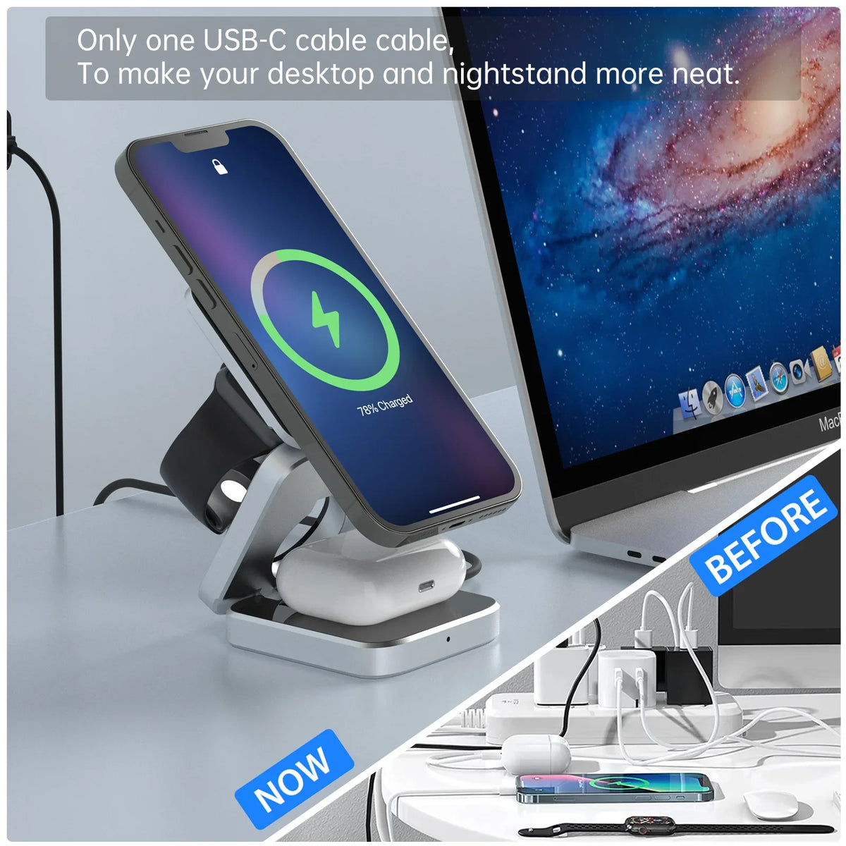 3-in-1 Foldable Magnetic Wireless Charger Dock for iPhone 15, 14, AirPods, Apple Watch, and Samsung Galaxy S23