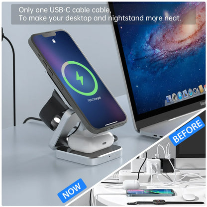 3-in-1 Foldable Magnetic Wireless Charger Dock for iPhone 15, 14, AirPods, Apple Watch, and Samsung Galaxy S23