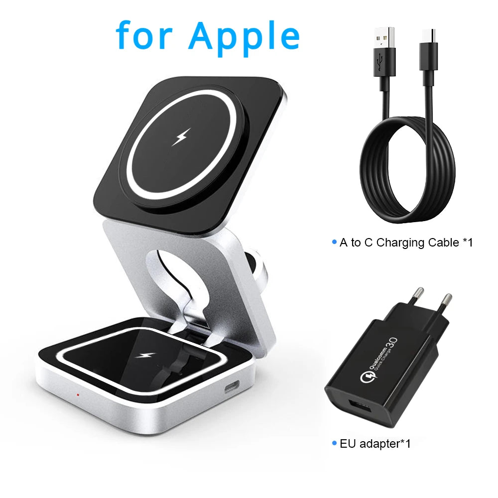 3-in-1 Foldable Magnetic Wireless Charger Dock for iPhone 15, 14, AirPods, Apple Watch, and Samsung Galaxy S23