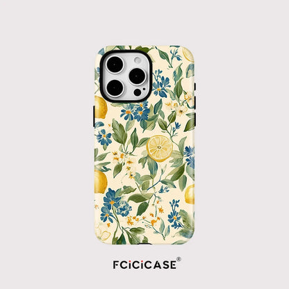 Flower Leaves Lemon Case for Iphone 16Promax 15 14 13 12 11 PRO plus Acrylic TPU Two in One Magnetic Shockproof Phone Cases