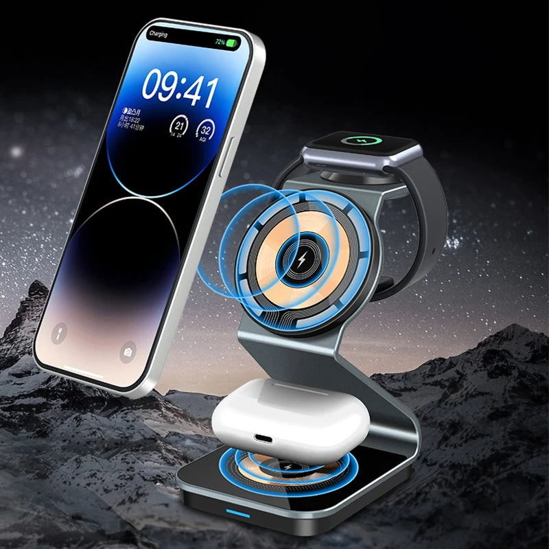 3-in-1 Magnetic Wireless Charger with Dual 15W Fast Charging for MagSafe, Apple Watch, and Compatible Devices Including Xiaomi 13 and iPhone 14 Pro Max
