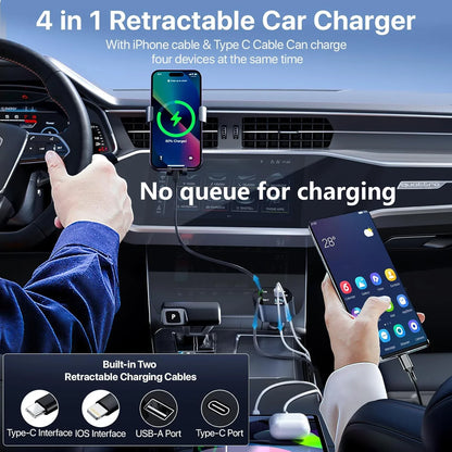 [Upgraded] Retractable Car Charger 4 in 1, with 2 Cables, Supports Super Fast Charging(Max 66W), 2 USB Ports Car Charger Adapter