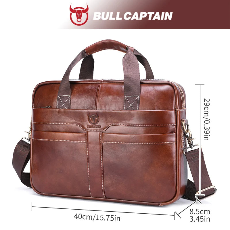 BULLCAPTAIN Leather Laptop Bag, Top Layer Leather 15" Laptop Bag Men'S Laptop Briefcase Briefcase Work Business Travel Bag 053