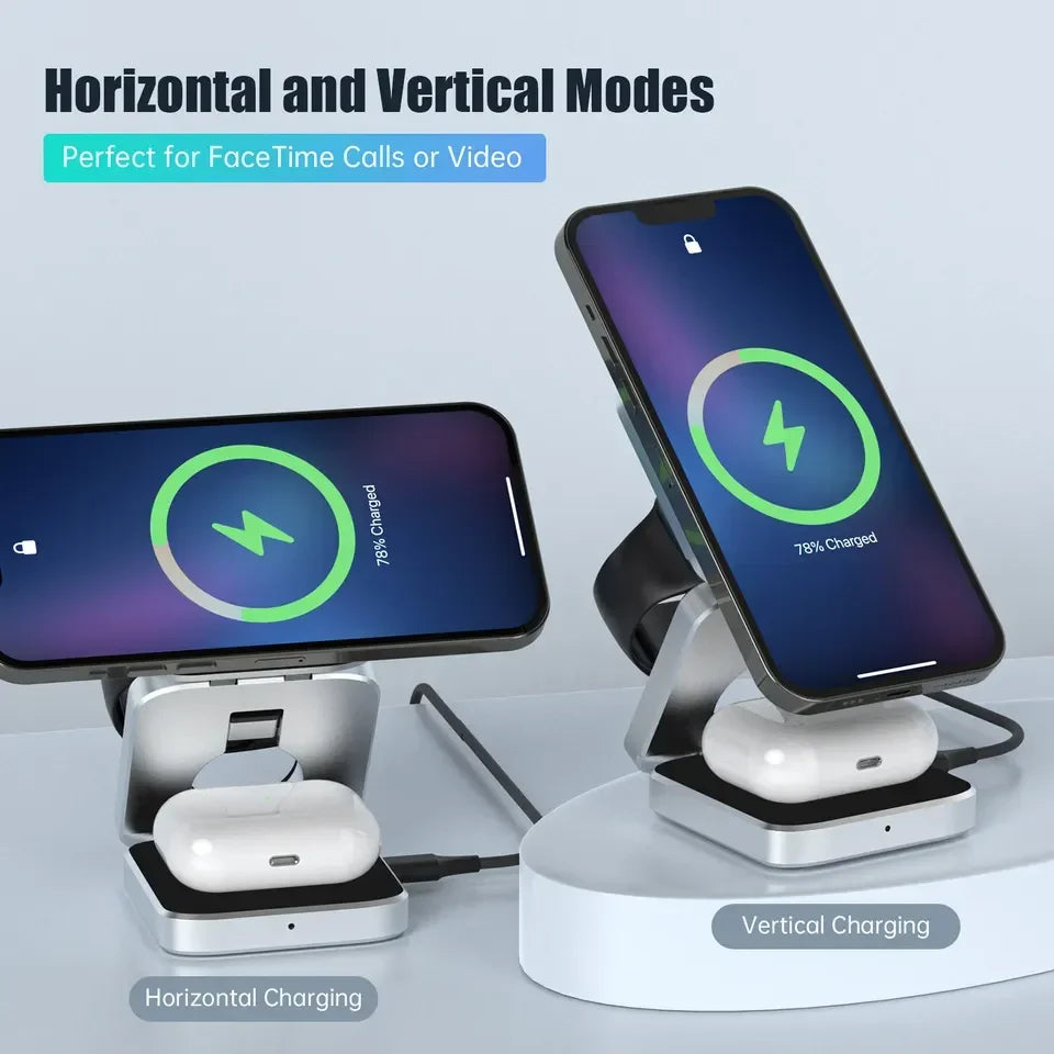 3-in-1 Foldable Magnetic Wireless Charger Dock for iPhone 15, 14, AirPods, Apple Watch, and Samsung Galaxy S23