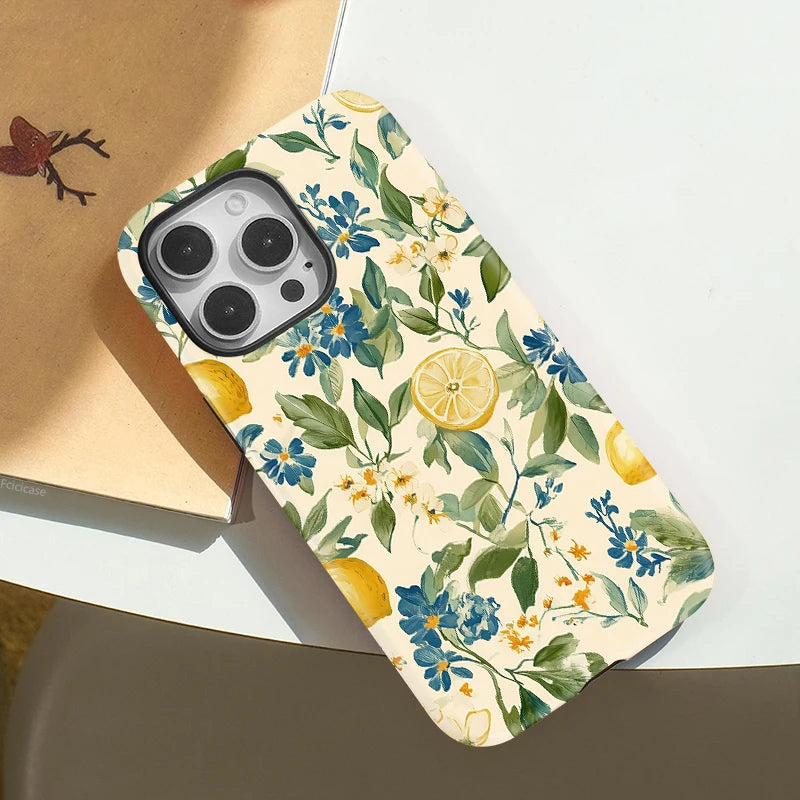 Flower Leaves Lemon Case for Iphone 16Promax 15 14 13 12 11 PRO plus Acrylic TPU Two in One Magnetic Shockproof Phone Cases