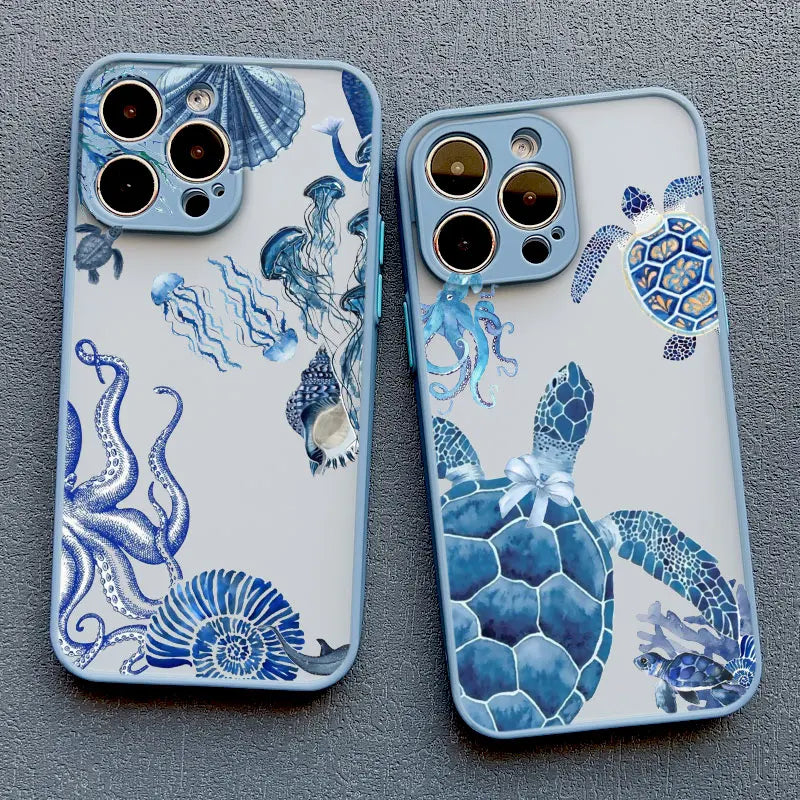 Ocean-Inspired Turtle Phone Case for iPhone 11, 12, 13, 14, 15, 16, 17 Pro Max, Mini, Plus, X, and XR - Sea Blue Design