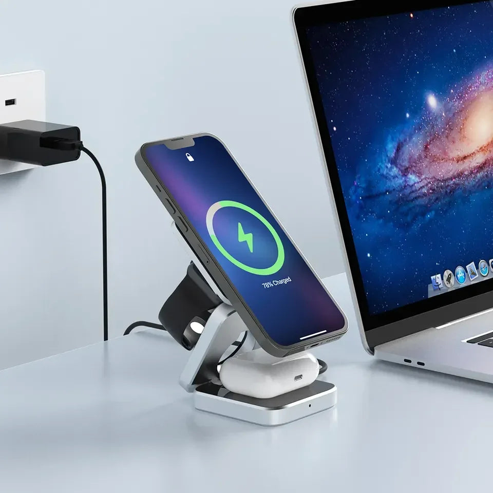 3-in-1 Foldable Magnetic Wireless Charger Dock for iPhone 15, 14, AirPods, Apple Watch, and Samsung Galaxy S23