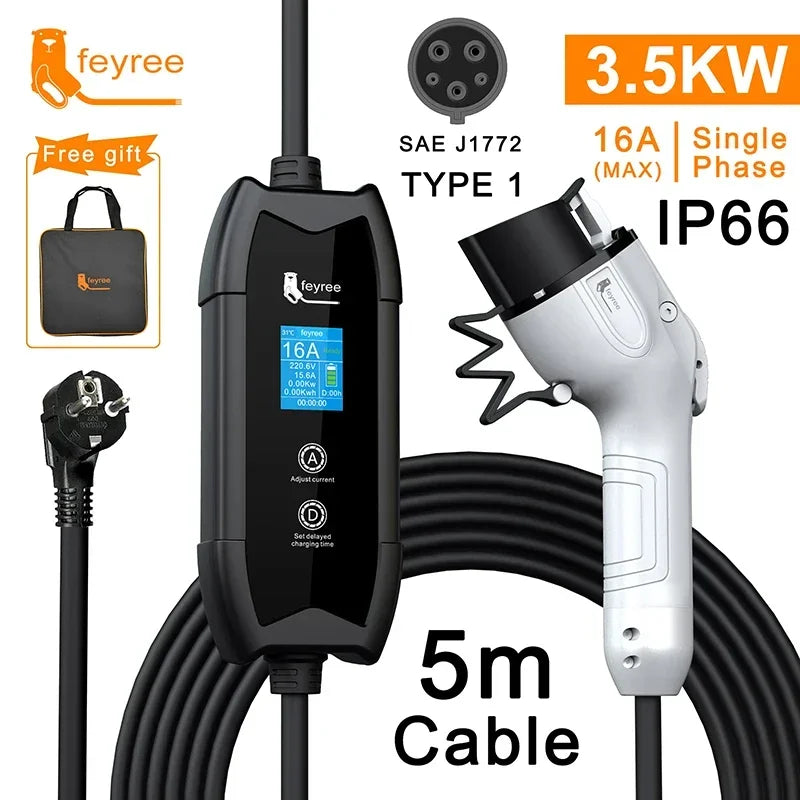 Feyree EV Charger Type2 16A 3.5Kw Portable Charging Box 5M Cable GBT Socket Type1 J1772 Adapter for Electric Vehicle Car Charger