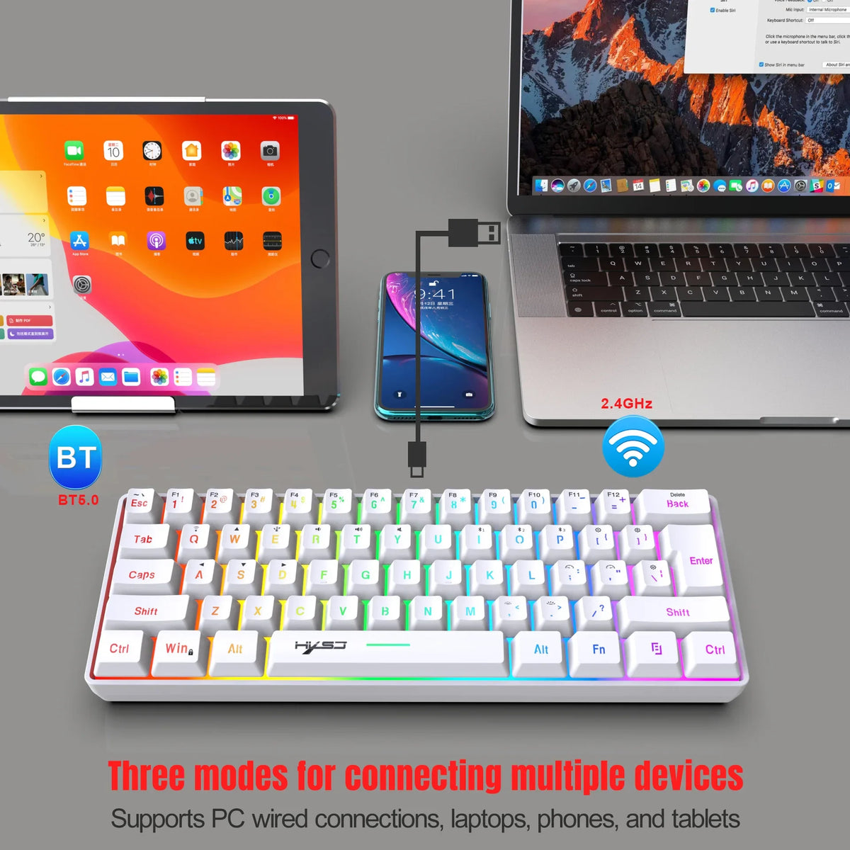 Bluetooth Wireless Keyboard 2.4G USB Triple RGB Keyboards White 60% Computer Backlit Ergonomic Tablet Key Board Laptop Claviers