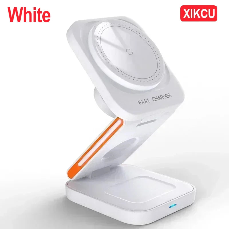 XIKCU 3 in 1 Foldable Charging Station Fast Magnetic Wireless Charger Stand for Iphone 16-12 Apple Watch 9 8 7 6 Airpods Pro