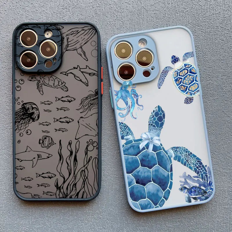 Ocean-Inspired Turtle Phone Case for iPhone 11, 12, 13, 14, 15, 16, 17 Pro Max, Mini, Plus, X, and XR - Sea Blue Design