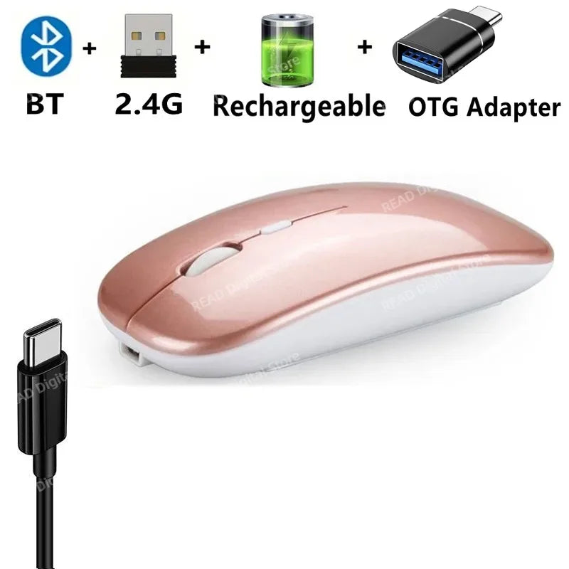 Bluetooth-Compatible 2.4G Computer Wireless Mouse Portable Rechargeable/Battery Dual Mode Cordless Mice for Ipad Laptop Desktop