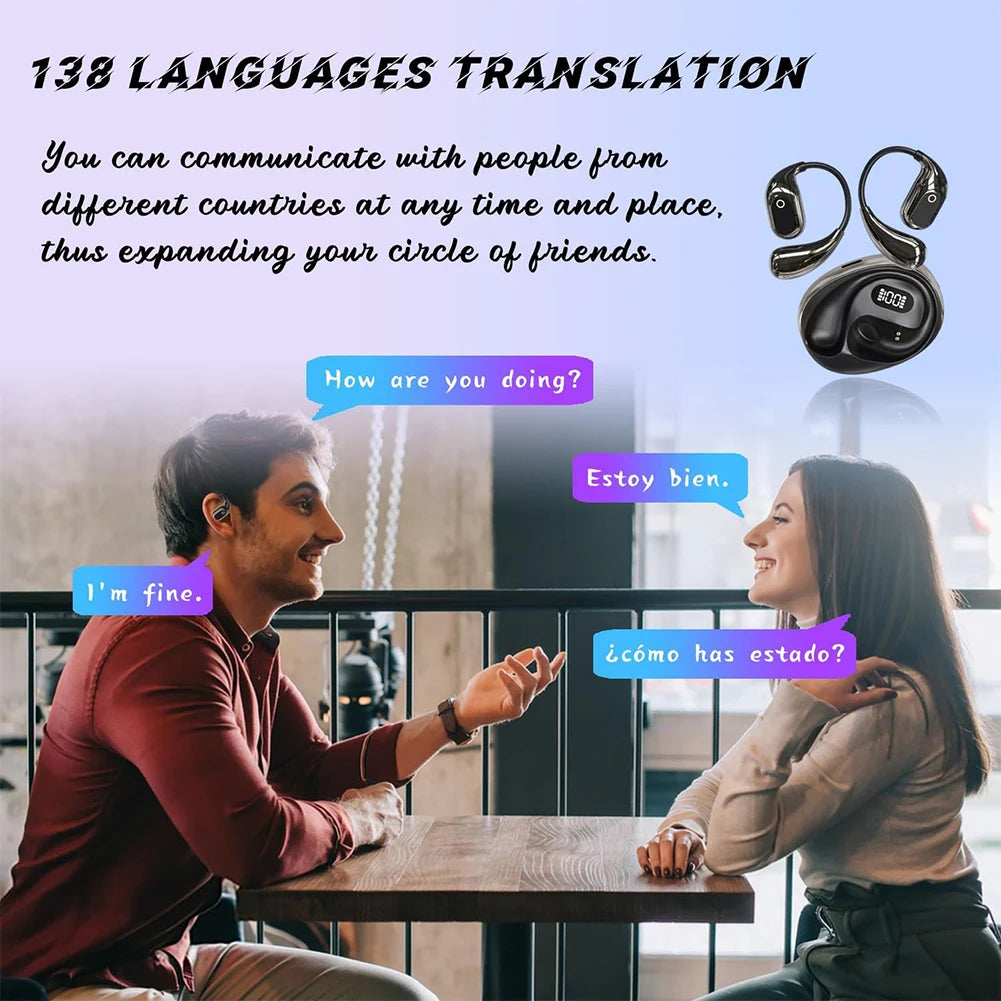 Language Translator Earbuds 138 Languages BT 5.3 Smart Voice Translator Open Air Traductor Real-Time Two-Way Ear Hanging Headset