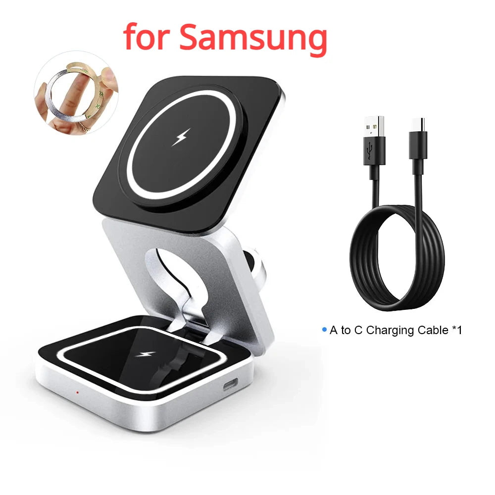 3-in-1 Foldable Magnetic Wireless Charger Dock for iPhone 15, 14, AirPods, Apple Watch, and Samsung Galaxy S23