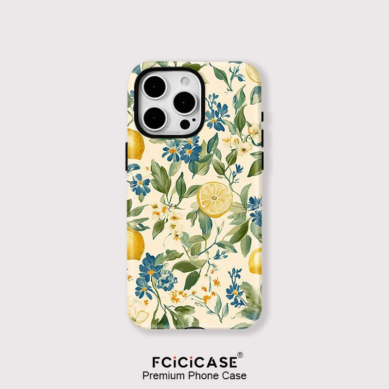 Flower Leaves Lemon Case for Iphone 16Promax 15 14 13 12 11 PRO plus Acrylic TPU Two in One Magnetic Shockproof Phone Cases