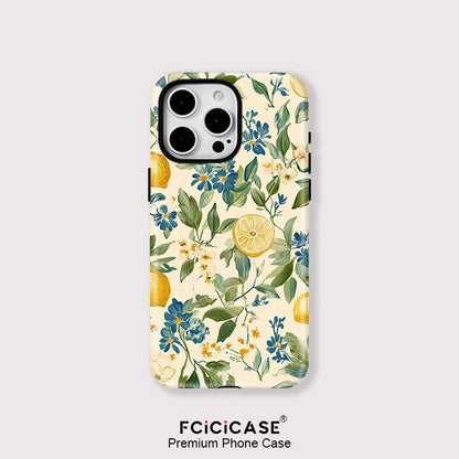 Flower Leaves Lemon Case for Iphone 16Promax 15 14 13 12 11 PRO plus Acrylic TPU Two in One Magnetic Shockproof Phone Cases