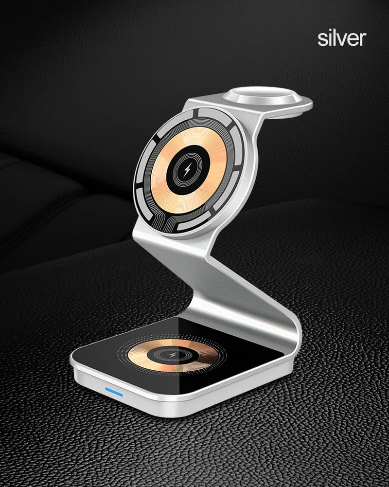 3-in-1 Magnetic Wireless Charger with Dual 15W Fast Charging for MagSafe, Apple Watch, and Compatible Devices Including Xiaomi 13 and iPhone 14 Pro Max